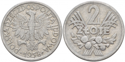 Польша 2 злотых 1958 MW KM 46, Parchimowicz 216a алюминий 4545-334