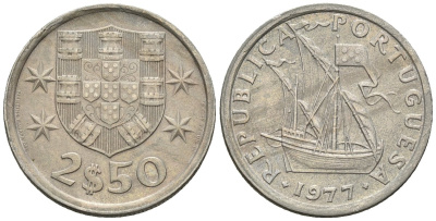 Португалия 2,5 эскудо 1977 парусник KM 590 медно-никель 4147-633