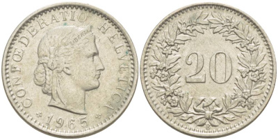 ШВЕЙЦАРИЯ 20 РАППЕНОВ 1965 В KM 29а медно-никель 4511-933