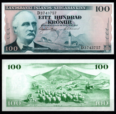 Исландия 100 крон 1957 Триггви Гуннарссон, вулкан Гекла Pick 40 a бумага UNC (пресс) 2198-27-3-1