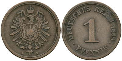 Германия 1 пфенниг 1888 D, Вильгельм I (1871-1888) KM 1, J. 1 медь 4173-1146