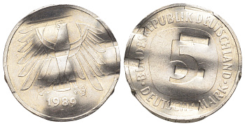 ФРГ 5 марок 1989 гашеная монета KM 140.1, J. 415 медно-никель 215-832