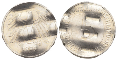 ФРГ 5 марок 1989 гашеная монета KM 140.1, J. 415 медно-никель 215-832
