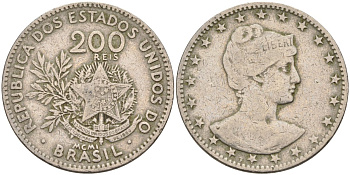 Бразилия 200 рейс 1901 голова свободы вправо KM 504 медно-никель 4589-1124