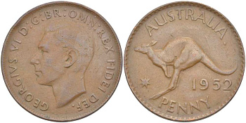 Австралия 1 пенни 1952 m, Георг VI (1937-1952), кенгуру KM 43 бронза 4512-1146