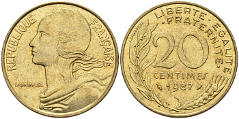ФРАНЦИЯ 20 САНТИМОВ 1987 ТИП MARIANNE KM 930, LE FRANC 156.27 медь алюминий никель 4573-1053