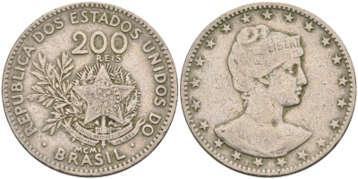 Бразилия 200 рейс 1901 голова свободы вправо KM 504 медно-никель 4589-1124