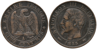 ФРАНЦИЯ 5 САНТИМОВ 1855 А, НАПОЛЕОН III (1852-1870) KM 777.1, LA FRANC 116.16 бронза 34-1155