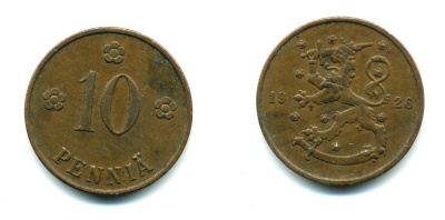 Финляндия 10 пенни 1926 республика (1918-1962) KM 24 медь 46-1536