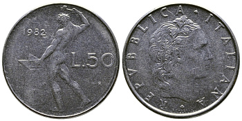 ИТАЛИЯ 50 ЛИР 1982 R. КУЗНЕЦ KM 95.1 сталь 47-143