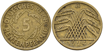 Германия 5 рентенпфеннигов 1924 A KM 32, J. 308 алюминиевая бронза 4151-651
