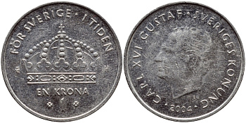 Швеция 1 крона 2004 Карл XVI Густав (1973- ) KM 894 медно-никель 261-1324