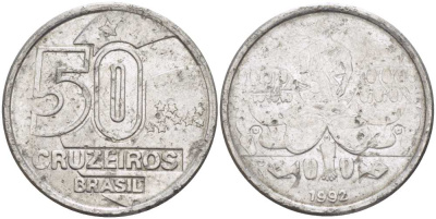Бразилия 50 крузейро 1992 KM 620.2 нержавеющая сталь 4364-3427