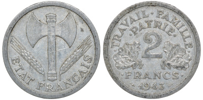 Франция 2 франка 1943 правительство Виши KM 904.1, Le Franc 270.2 алюминий 4163-653
