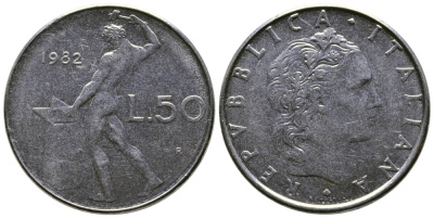 ИТАЛИЯ 50 ЛИР 1982 R. КУЗНЕЦ KM 95.1 сталь 47-143