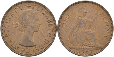 Великобритания 1 пенни 1963 Елизавета II (1952-2022) KM 897, Spink 4157 бронза 4367-116