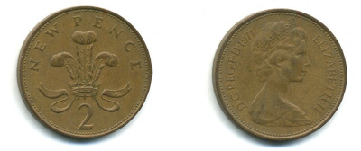 Великобритания 2 пенса 1971 Елизавета II (1952-2022) KM 916, Spink 4235 (C1) бронза 37-1237