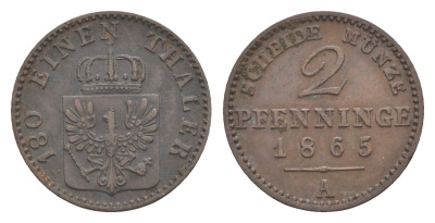 Пруссия 2 пфеннига 1865 A, Вильгельм I (1861-1888) KM 481, Jaeger 51, AKS 107, Olding 425 медь 4651-317
