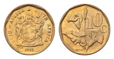 ЮАР 10 центов 1995 герб, цветок алоэ KM 135 сталь плакированная бронзой UNC 4694-716