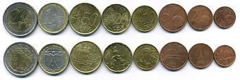 ИТАЛИЯ ЕВРОНАБОР ИЗ 8 МОНЕТ 2002 (1, 2, 5, 10, 20, 50 ЕВРОЦЕНТОВ, 1, 2 ЕВРО) KM 210, 211, 212, 213, 214, 215, 216, 217 биметалл N5-64