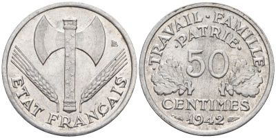 Франция 50 сантимов 1942 правительство Виши, тип Lourde KM 914, Le Franc 195.2 алюминий 4585-239