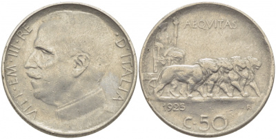 ИТАЛИЯ 50 ЧЕНТЕЗИМО 1925 R, ВИКТОР ЭММАНУИЛ, РУБЧАТЫЙ ГУРТ KM 61.2 никель 4448-245