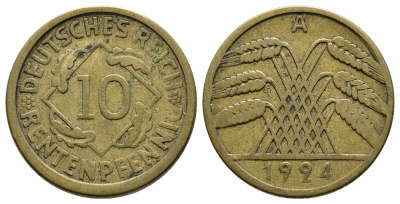 ГЕРМАНИЯ 10 РЕНТЕНПФЕННИГОВ 1924 A KM 33, J. 309, Weege 8 алюминиевая бронза 4380-935