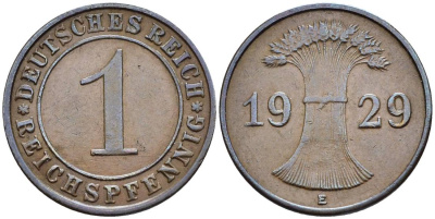 ГЕРМАНИЯ 1 РЕЙХСПФЕННИГ 1929 E KM 37, J. 313, Weege 2 бронза 4547-141
