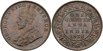 Британская Индия 1/4 анна 1936 Георг V (1910-1936) KM 512 бронза UNC 94-237
