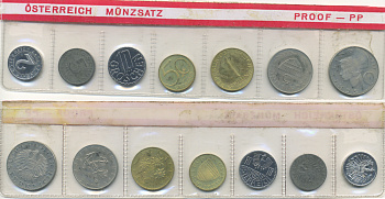 Австрия набор из 7 монет  1977  2, 5, 10, 50 грошей, 1, 5, 10 шиллингов, в целлофане KM PS 37 PROOF 00-00