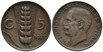 ИТАЛИЯ 5 ЧЕНТЕЗИМО 1922 R, ВИКТОР ИМАНУИЛ III. КОЛОС KM 59 медь 66-125