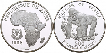 Заир 500 новых заиров 1996 серия защита окружающей среды, горилла, тираж 10000 экземпляров KM 21 серебро  PROOF 1087-2-12