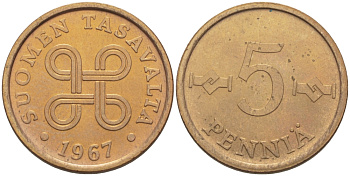 ФИНЛЯНДИЯ 5 ПЕННИ 1967 KM 45 медь 100-159