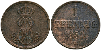 Ганновер 1 пфенниг 1851 B, Эрнст Август (1837-1851) KM 201.1, AKS 129, J. 74 медь 4608-1111