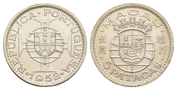 Макао 5 патак 1952 год-тип KM 5 серебро UNC 4127-511