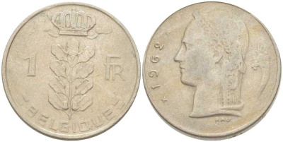 БЕЛЬГИЯ 1 ФРАНК 1962 BELGIQUE, БОДУЭН I (1951-1993) KM 142.1 медно-никель 213-514