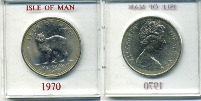 Остров Мэн 1 крона 1970 кошка Мэна, в оригинальной пластиковой коробке KM 18 медно-никель UNC 6-6-1-52