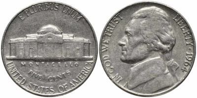 США 5 ЦЕНТОВ 1964 ДЖЕФФЕРСОН KM А132 медно-никель 113-216