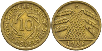 ГЕРМАНИЯ 10 РЕЙХСПФЕННИГОВ 1936 D KM 40, J. 317 алюминиевая бронза 4401-435