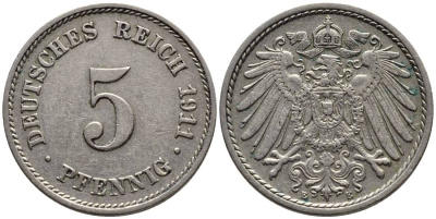Германия 5 пфеннигов 1911 E KM 11, Jager 12, Weege 6 медно-никель 4547-523