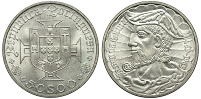 Португалия 50 эскудо 1969 500 лет со дня рождения Васко да Гама KM 598 серебро 00-00