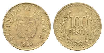 Колумбия 100 песо 1994 KM 285 латунь UNC 4662-632