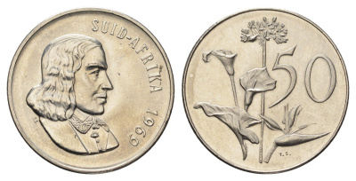 ЮАР 50 центов 1969 редкий год, Ян ван Рибек (1619-1677), Suid Africa, легенда на африкаанс, Зантедеския Эллиота (калла) KM 70.2 никель BU 4693-327