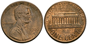 США 1 цент 1986 D, Линкольн KM 201b цинк плакированный медью 4136-313