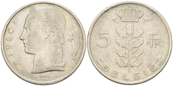 Бельгия 5 франков 1960 Belgie, Бодуэн I (1951-1993) KM 135.1 медно-никель 202-1152