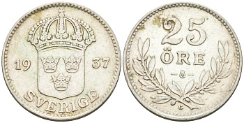 Швеция 25 эре 1937 G, Густав V (1907-1950) KM 785 серебро 4380-1118