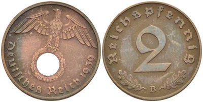 ГЕРМАНИЯ 2 РЕЙХСПФЕННИГА 1939 B KM 90, J. 362 бронза 261-1025