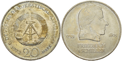ГДР 20 марок 1972 А, Фридрих Шиллер (1759-1805) KM 40 медно-никель 82-1046