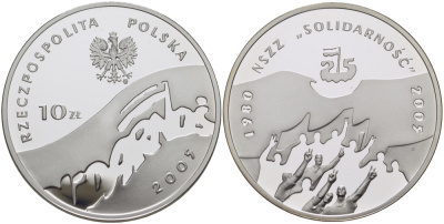 Польша 10 злотых 2005 MW, 25 лет независимому профсоюзу "Солидарность" KM 567 серебро PROOF 1074-8-61