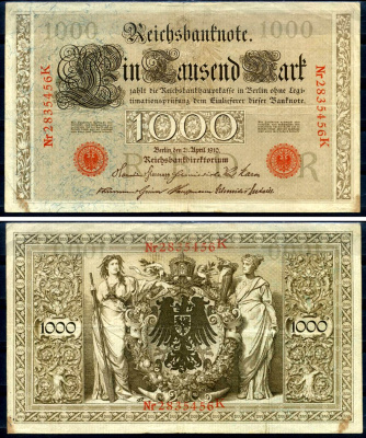 Германия 1000 марок 1910 21 апреля 1910, красная печать, номер семизначный, серия K, буква R, выпуск АПРЕЛЬ - ИЮЛЬ 1918 Pick 44 b бумага 2194-38-1-1